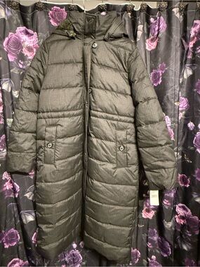 Barbour Dark Charcoal Plaid Long Quilted Hooded Puffer Coat. Size UK14/US10